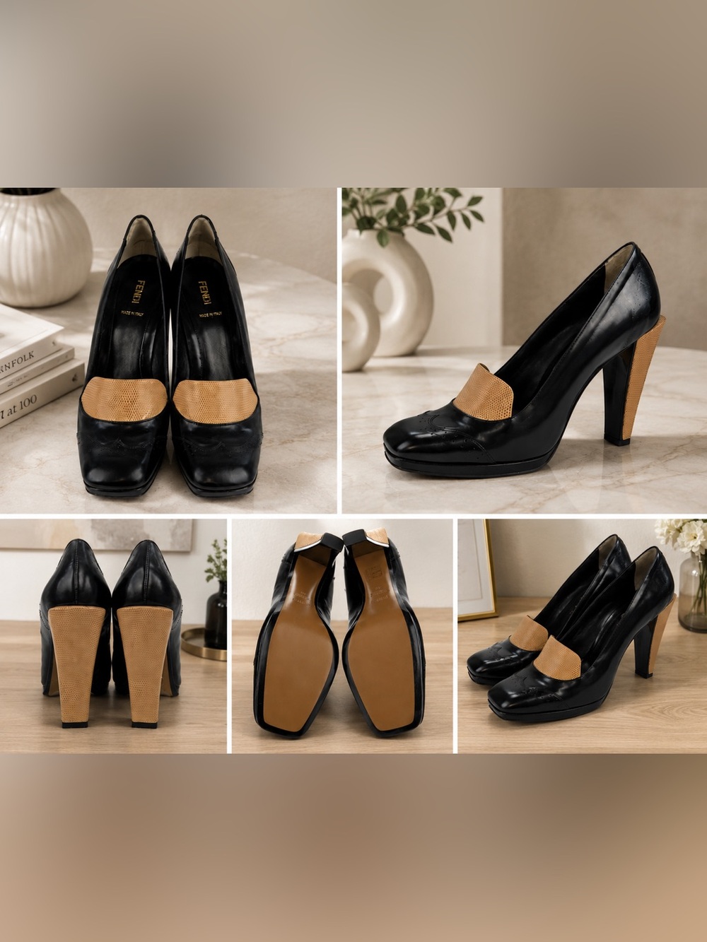 Trendy Square toes Fendi Black Leather Pumps Lizard Trim Made In Italy Size US10